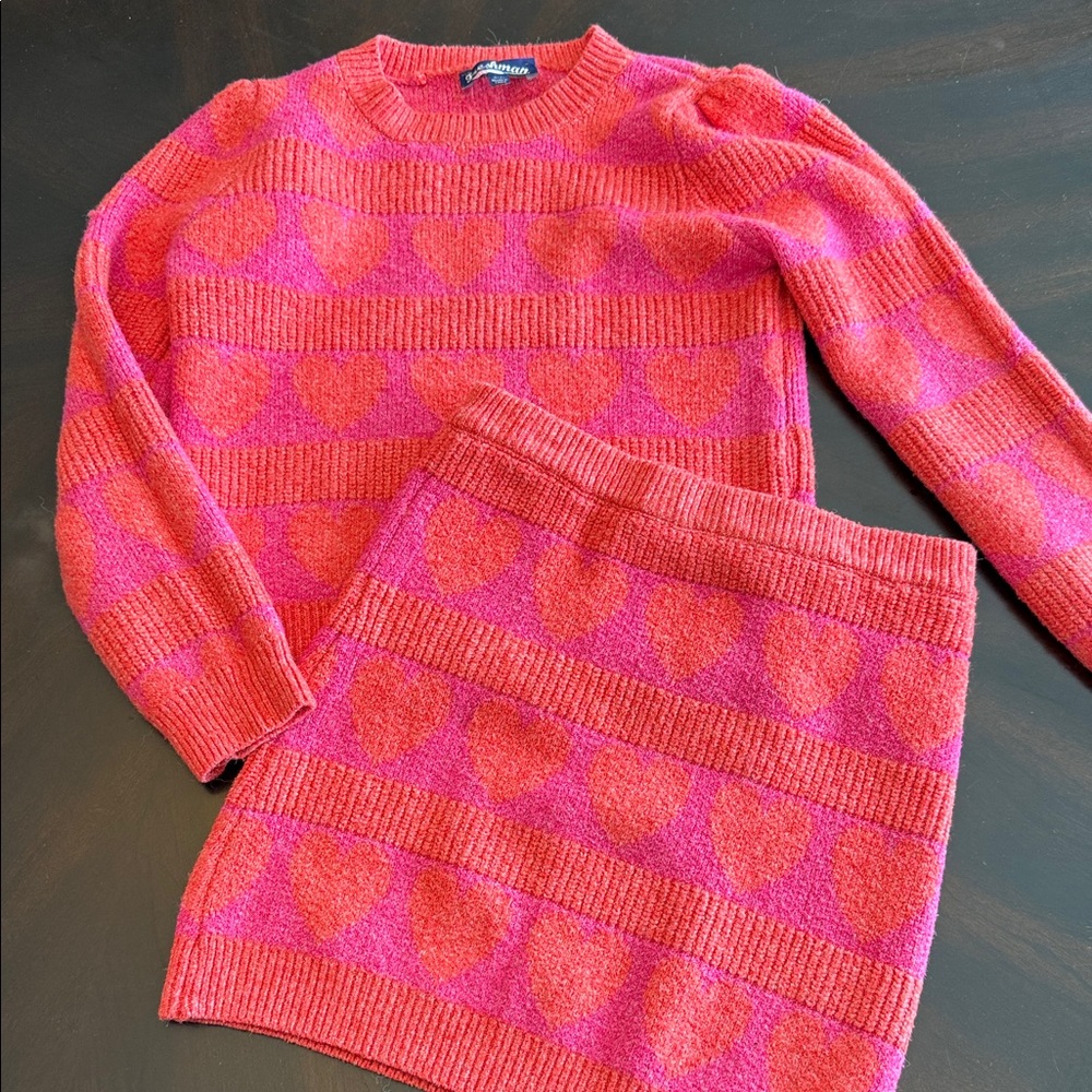 Freshman Pink and Red Heart Pattern Sweater & skirt set